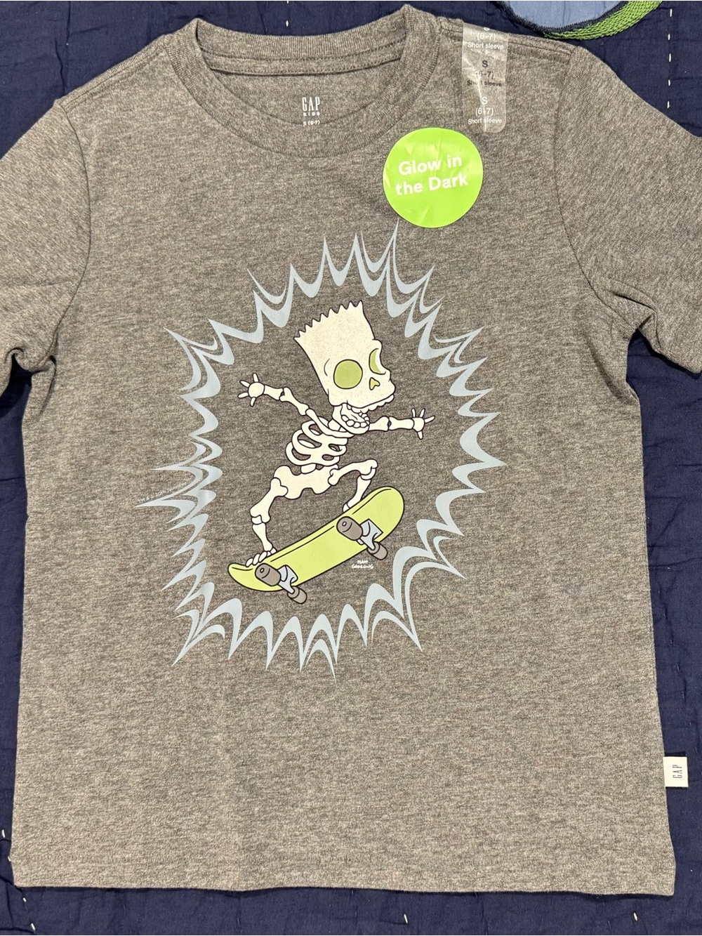 GAP Gray Skate Skeleton Glow-In-The-Dark Tee with Neon Lime Accents